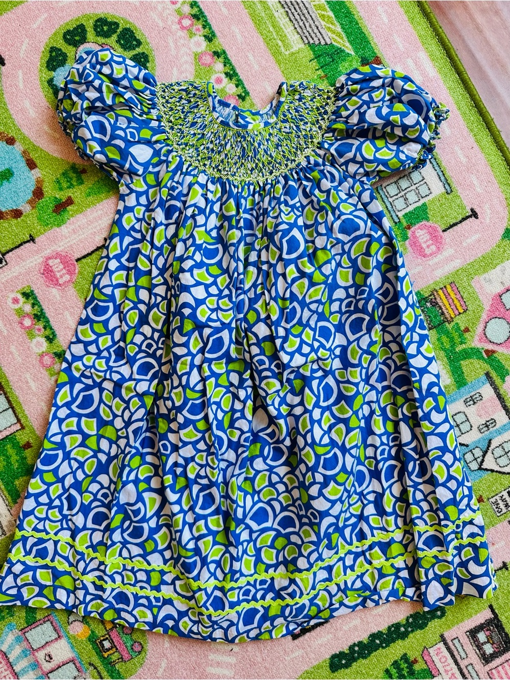 Blue & Green Smocked Puff Sleeve Dress with seed pearls and ric rac
